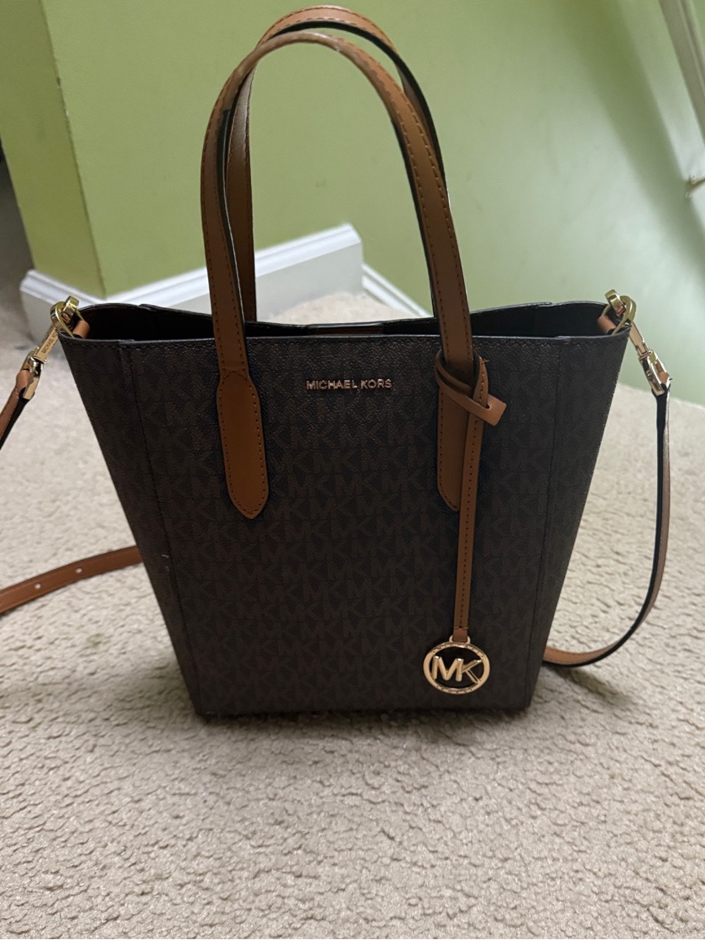 Michael Kors Dark Brown Signature Tote with Tan Trim and Gold Hardware
